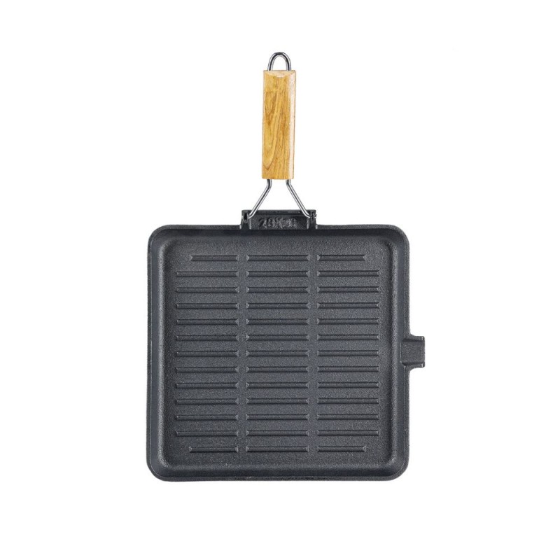 Grillpan gietijzer met opvouwbaar houten handvat, 24x24 cm - Gietijzeren pan