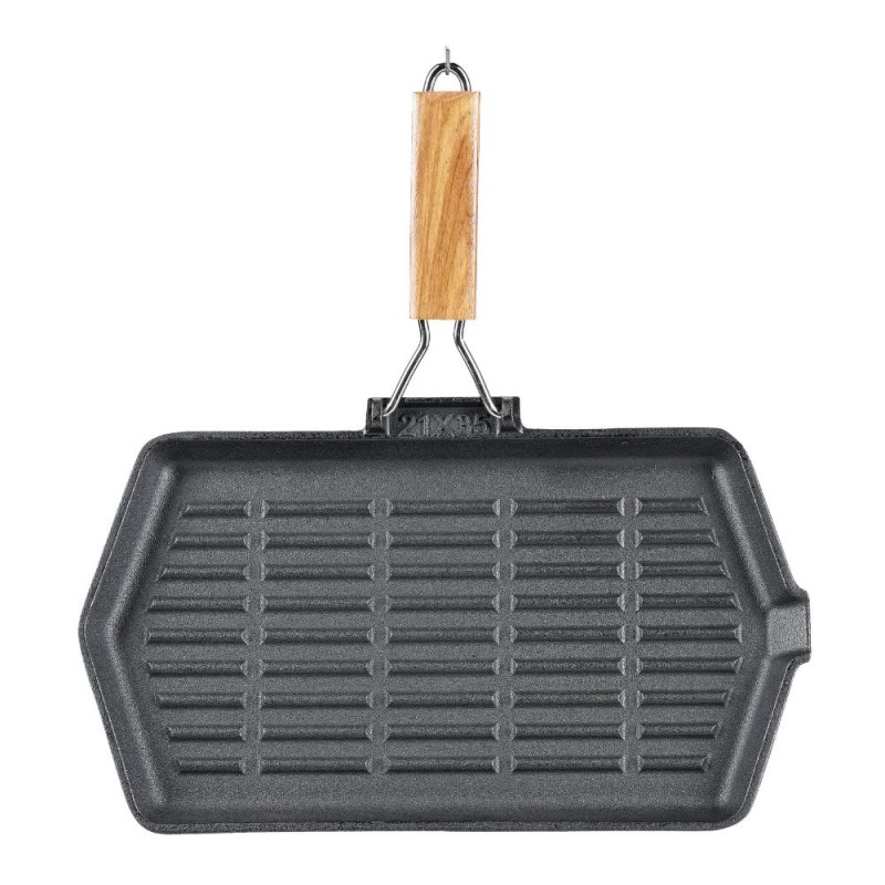 Grillpan gietijzer met opvouwbaar houten handvat, 35x21 cm - Gietijzeren pan
