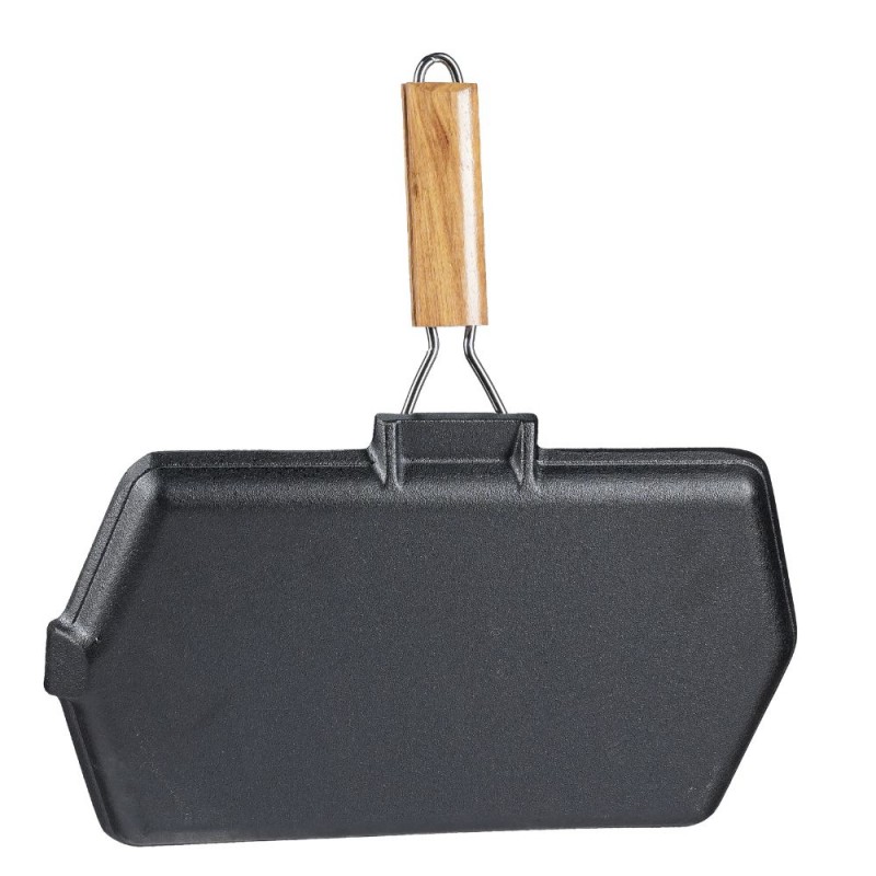 Grillpan gietijzer met opvouwbaar houten handvat, 35x21 cm | Grillpan gietijzer Grillpan gietijzer met opvouwbaar houten handvat, 35x21 cm | Grillpan gietijzer | Gietijzeren pan |