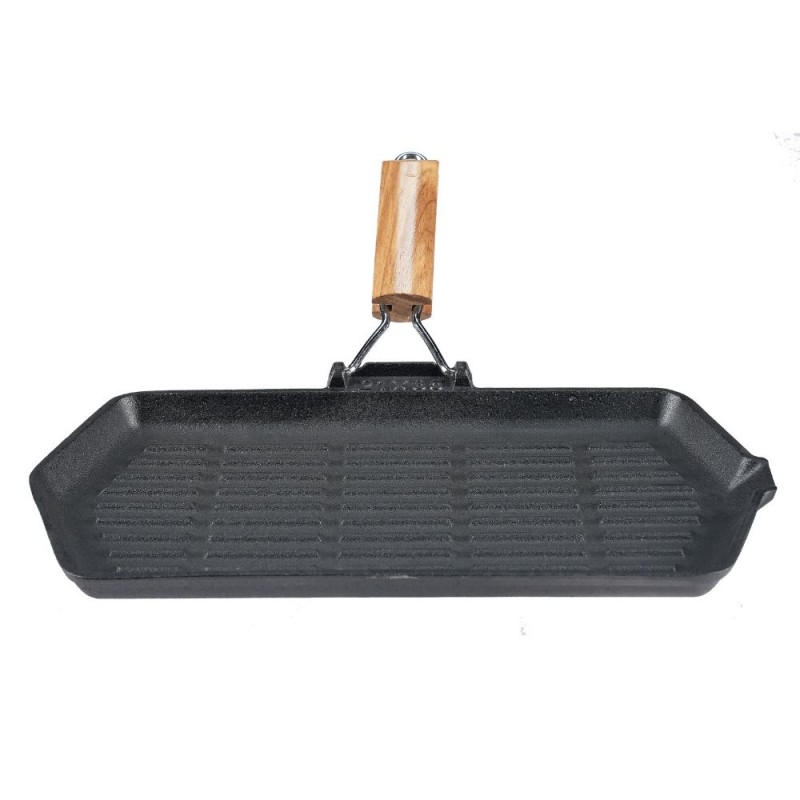 Grillpan gietijzer met opvouwbaar houten handvat, 35x21 cm - Gietijzeren pan